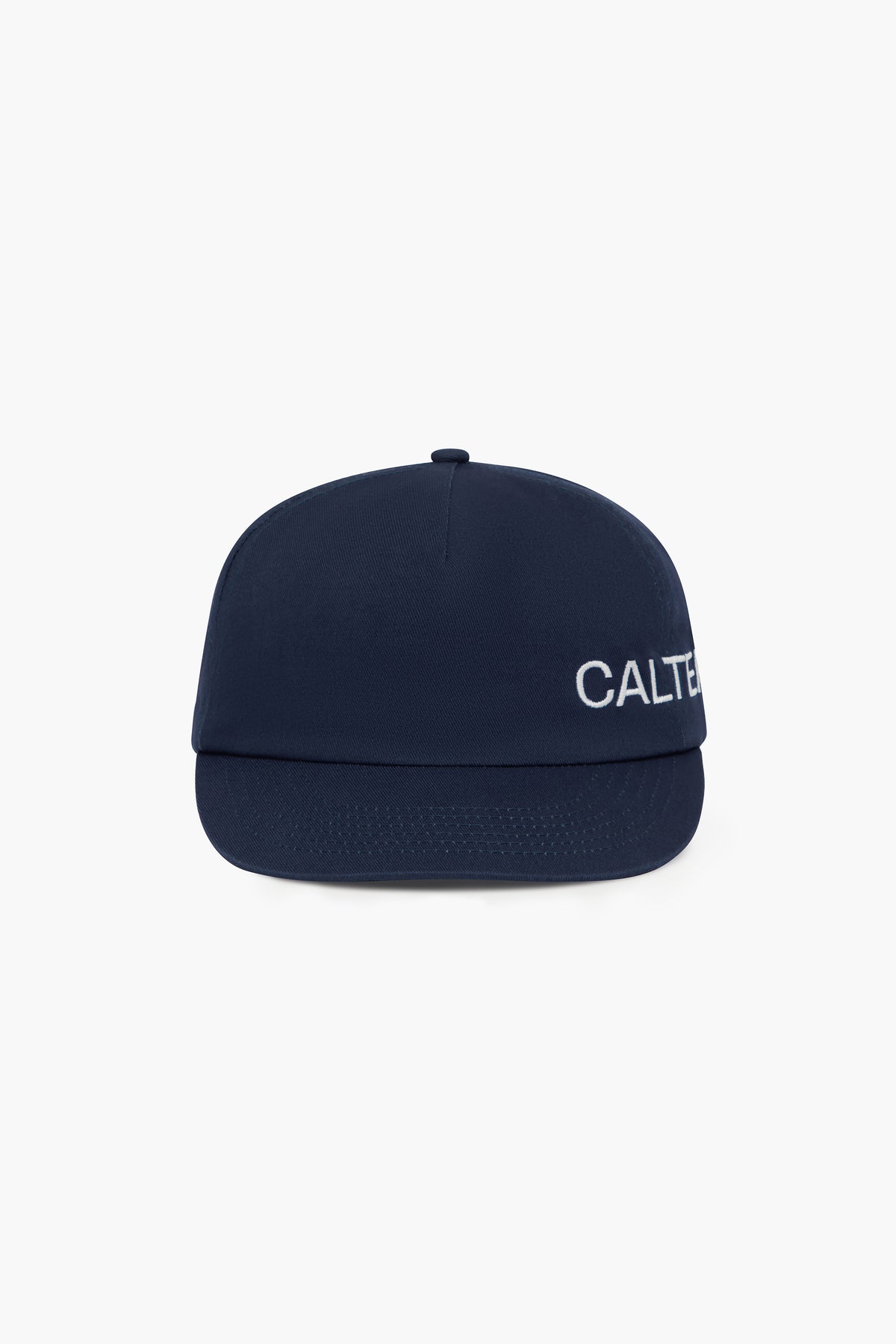 Navy Studio Cap, front view, showing the shortened brim and white CALTER embroidery at the side.