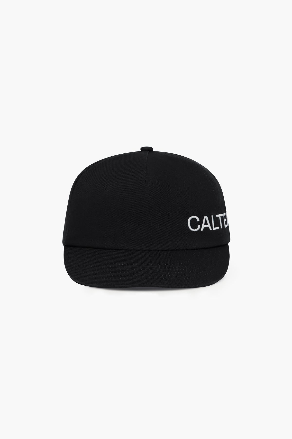 Black Studio Cap, front view, showing the shortened brim and white CALTER embroidery at the side.