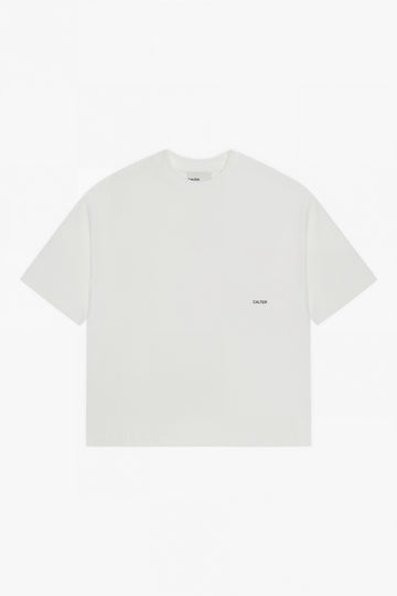Off-White Stamp Tee, front view, with a black CALTER print at the left chest.