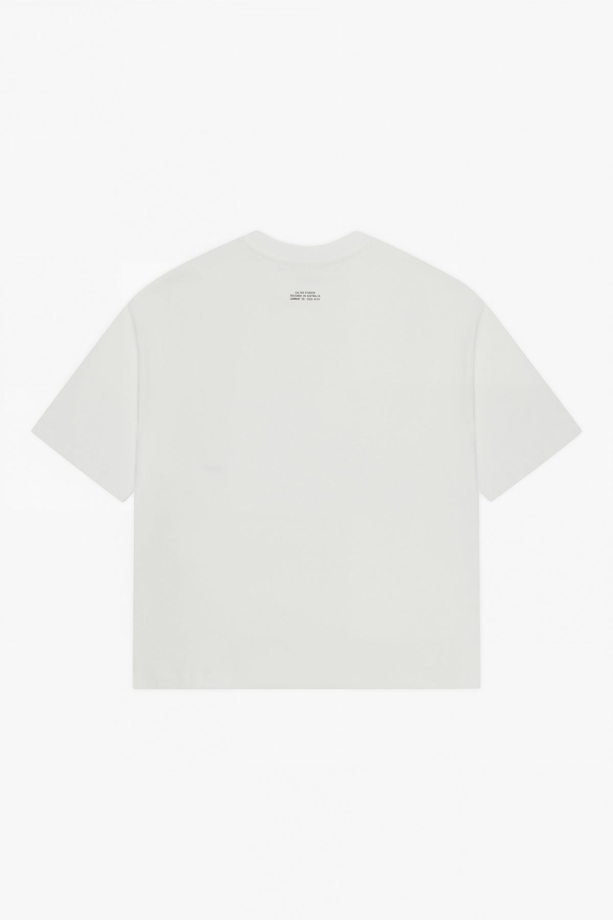 Off-White Stamp Tee, back view, with a black garment ID print below the neckline.
