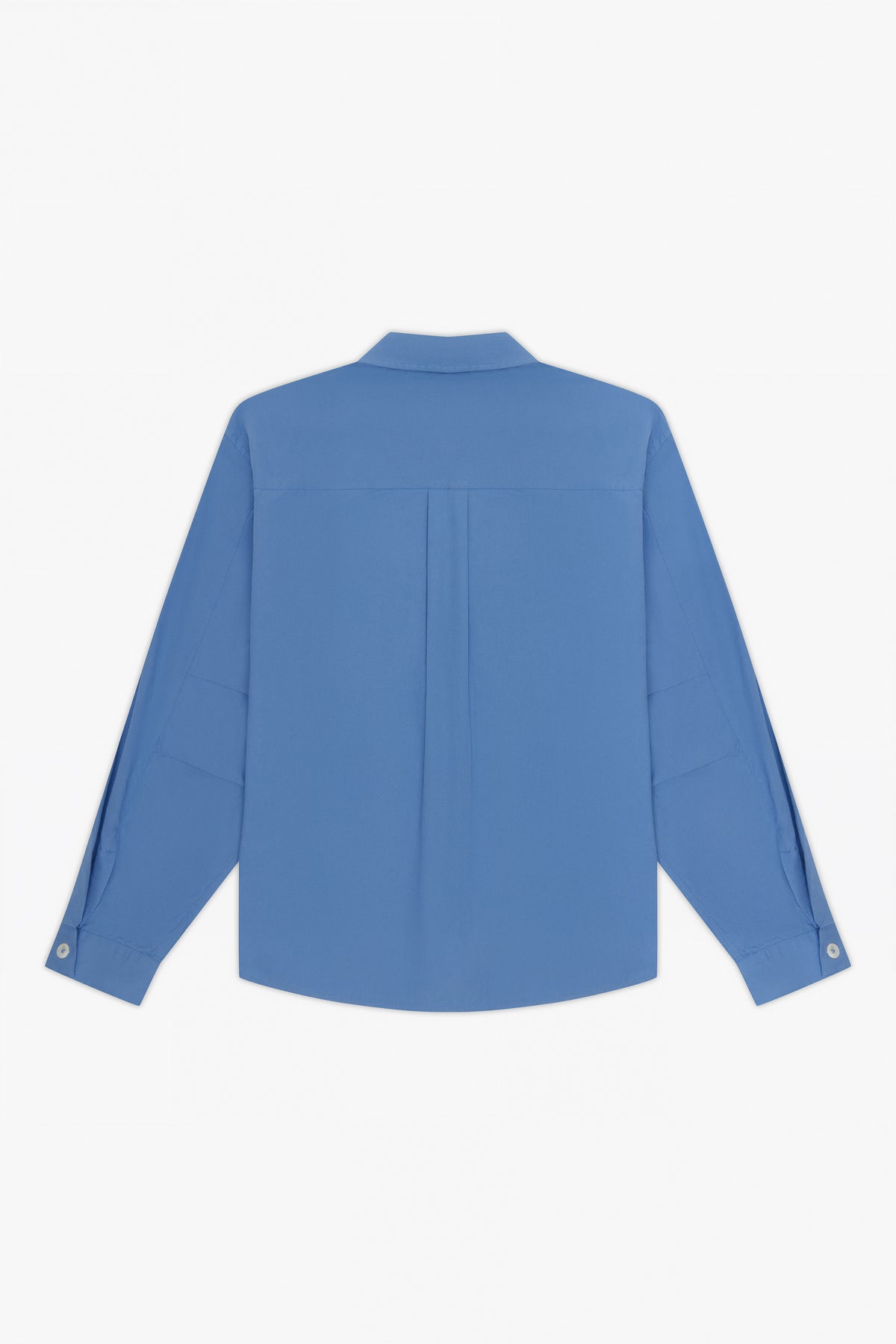 Technical Blue Pleated Shirt, back view, showing the box pleat, elbow pleats, curved hem and buttoned cuffs.
