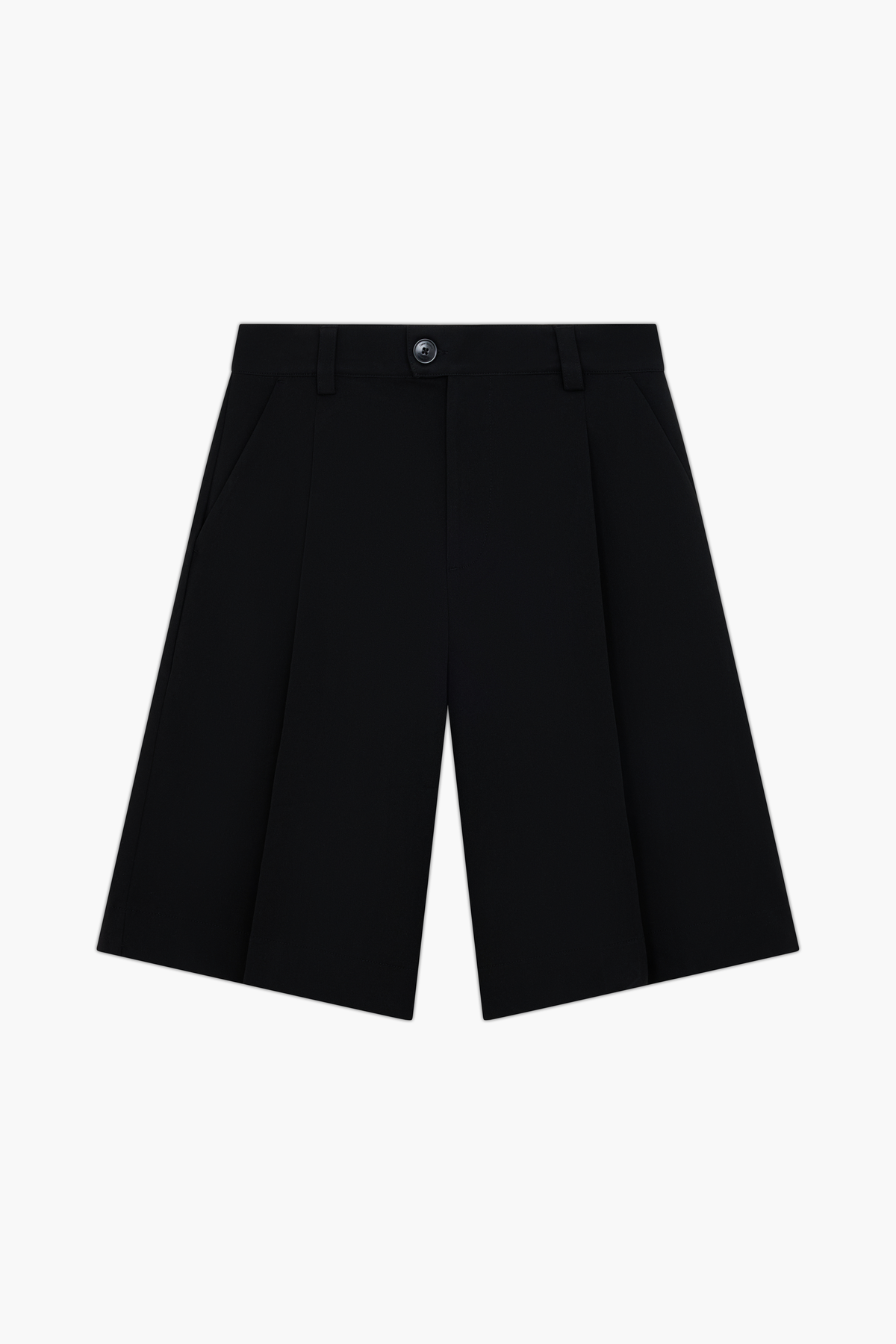 Black Pleated Shorts, front view, showing the deep front pleats, belt loops and wide legs.