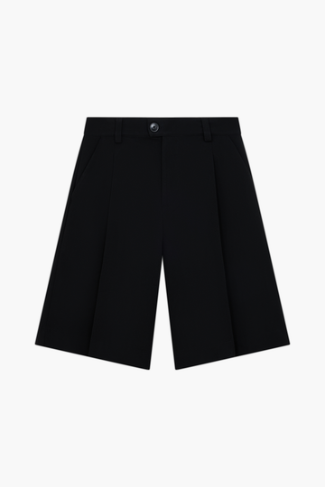 Black Pleated Shorts, front view, showing the deep front pleats, belt loops and wide legs.