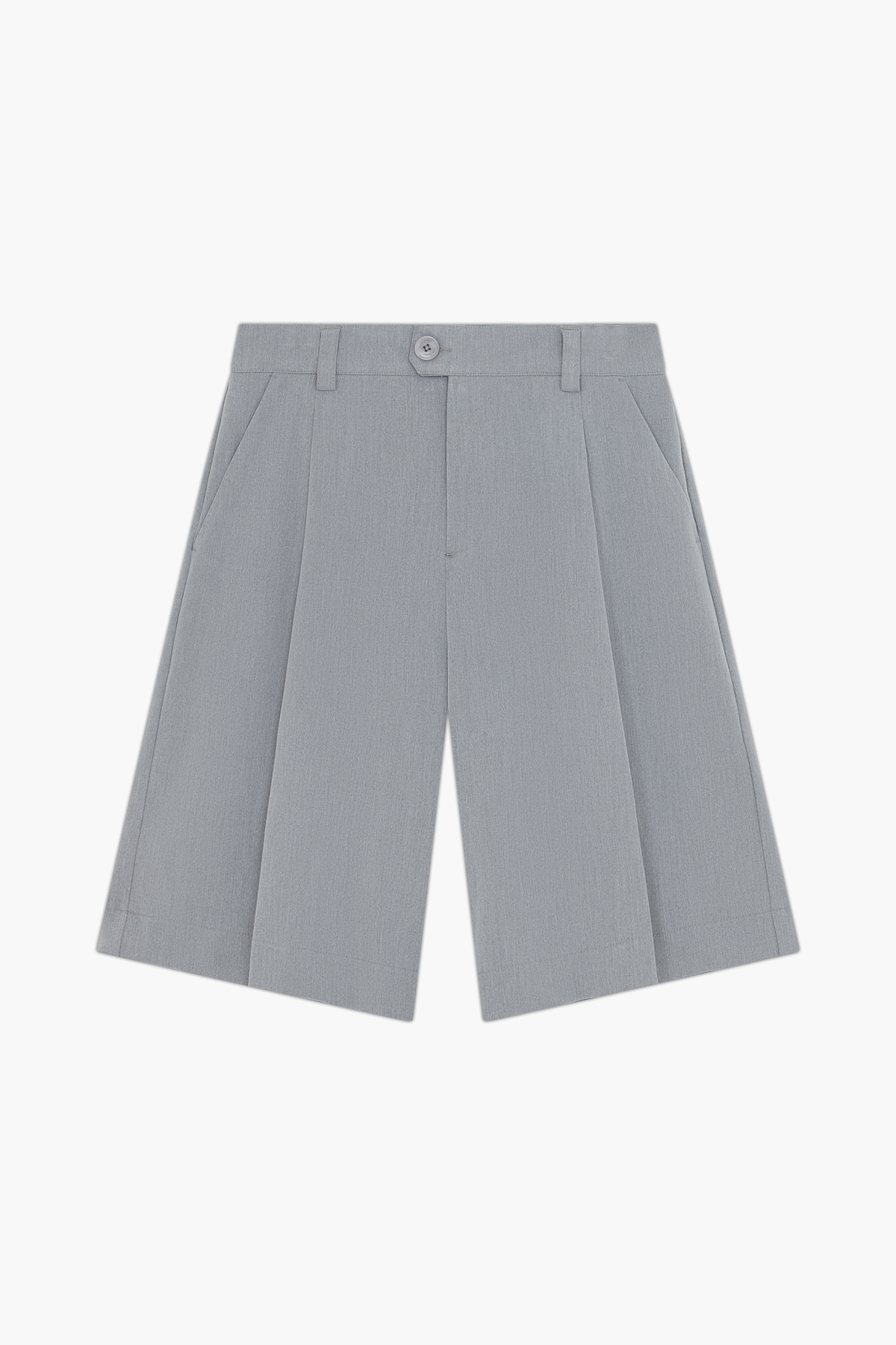 Grey Pleated Shorts, front view, showing the deep front pleats, belt loops and wide legs.