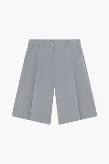 Grey Pleated Shorts, front view, showing the deep front pleats, belt loops and wide legs.