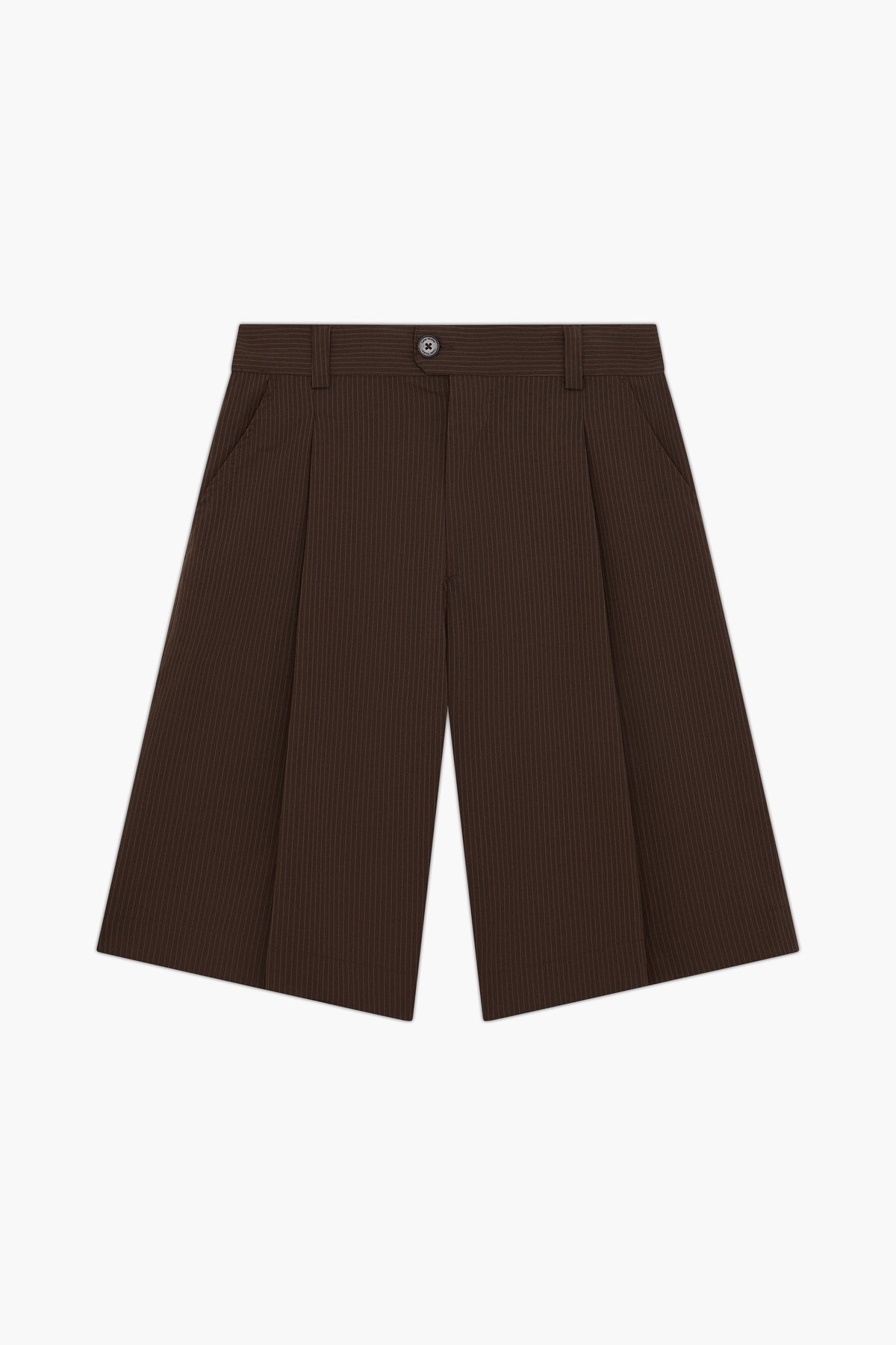 Brown Stripe Pleated Shorts, front view, showing the fine pinstripe, deep front pleats and wide legs.