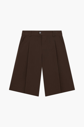 Brown Stripe Pleated Shorts, front view, showing the fine pinstripe, deep front pleats and wide legs.