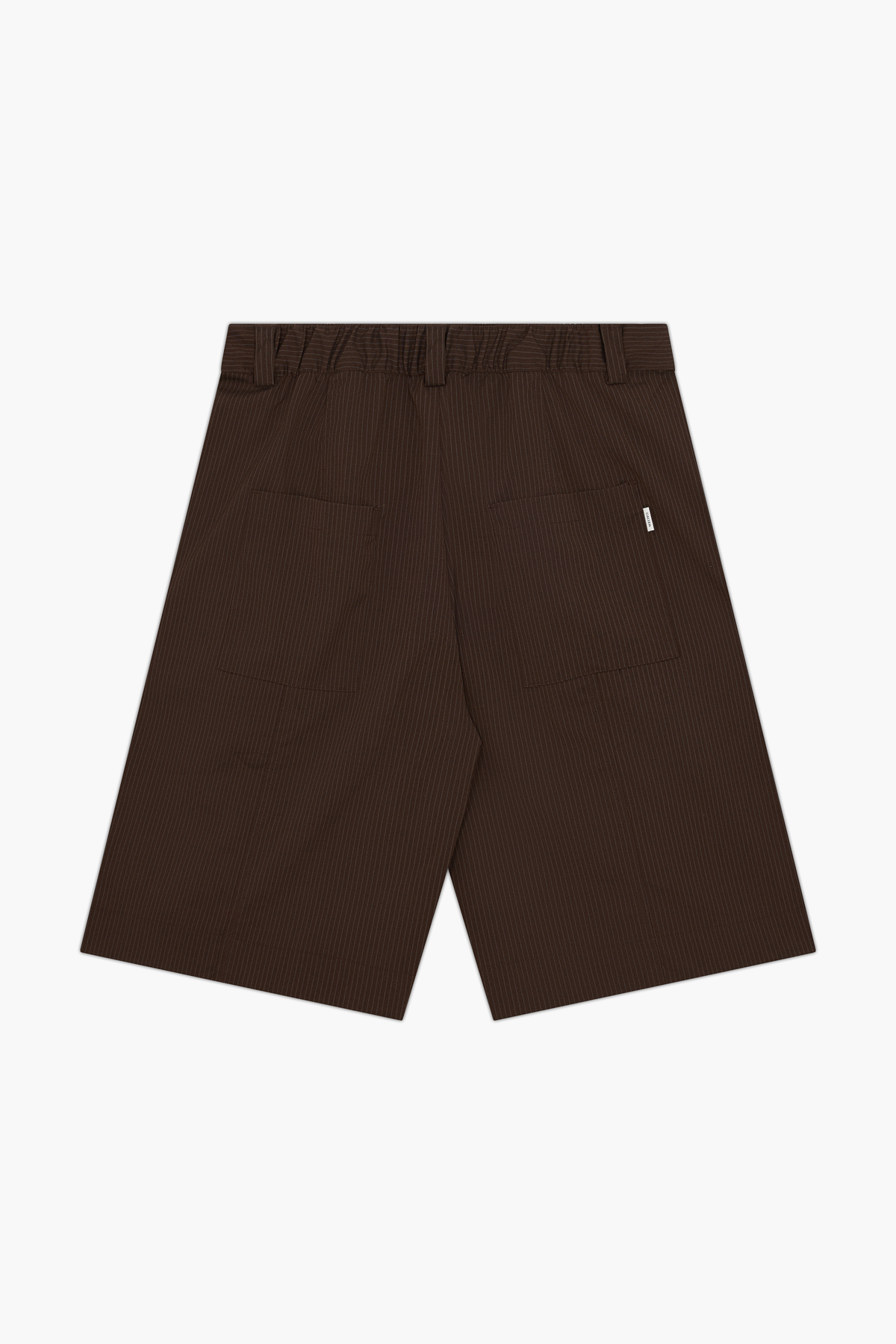 Brown Stripe Pleated Shorts, back view, showing the gathered waistband, rear patch pockets and woven pocket label.