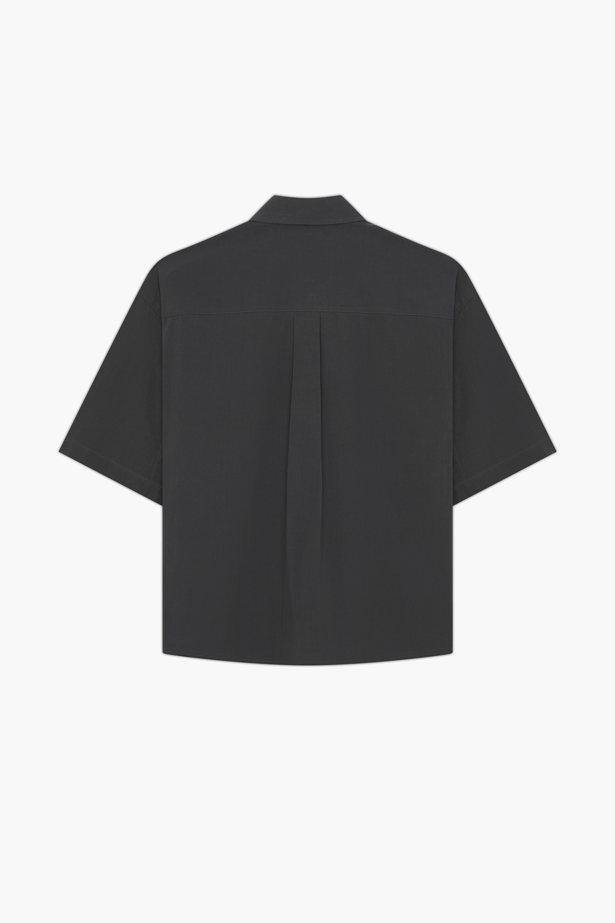 Charcoal Volume Shirt, back view, showing the back yoke and central box pleat.