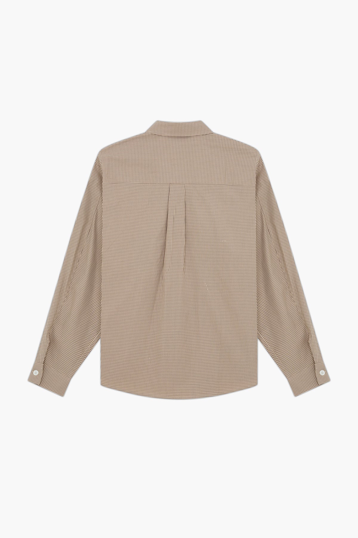 Sand Microcheck Studio Shirt, back view, showing the back yoke, box pleat and buttoned cuffs.