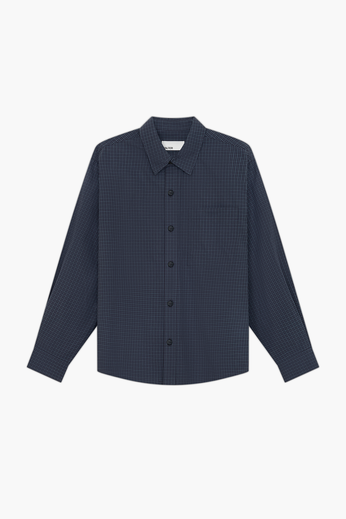 Slate Microcheck Studio Shirt, front view, showing the long sleeves, chest patch pocket and black buttons.